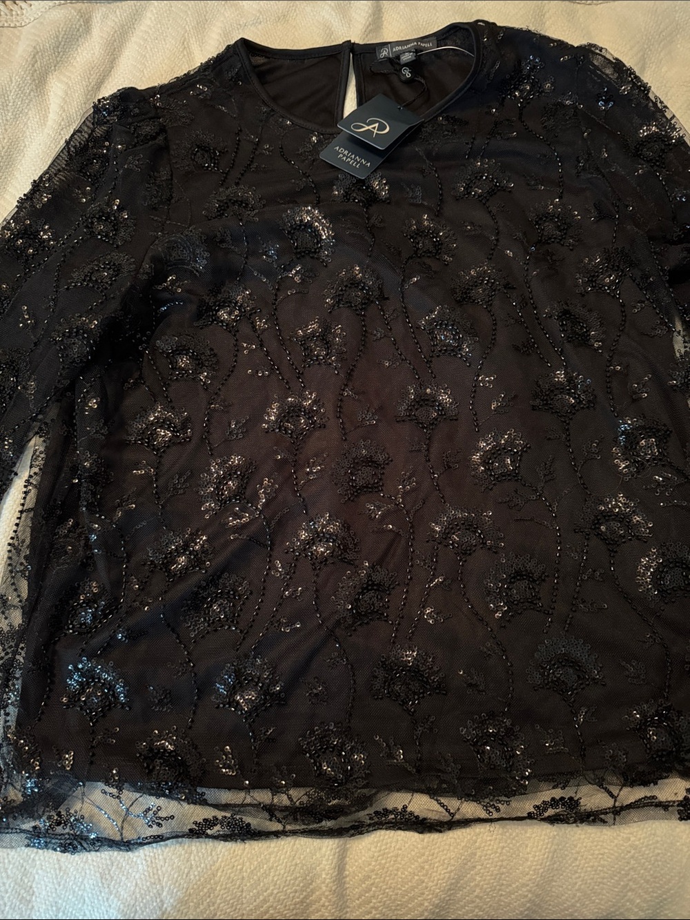Adrianna Papell Black Beaded Lace Long Sleeve Top